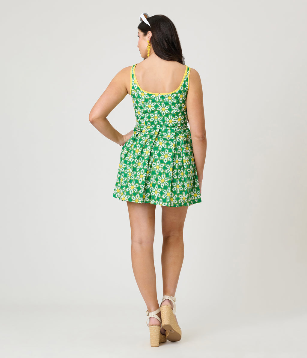 Smak Parlour Green & Yellow Daisy Pleated Skirted Romper