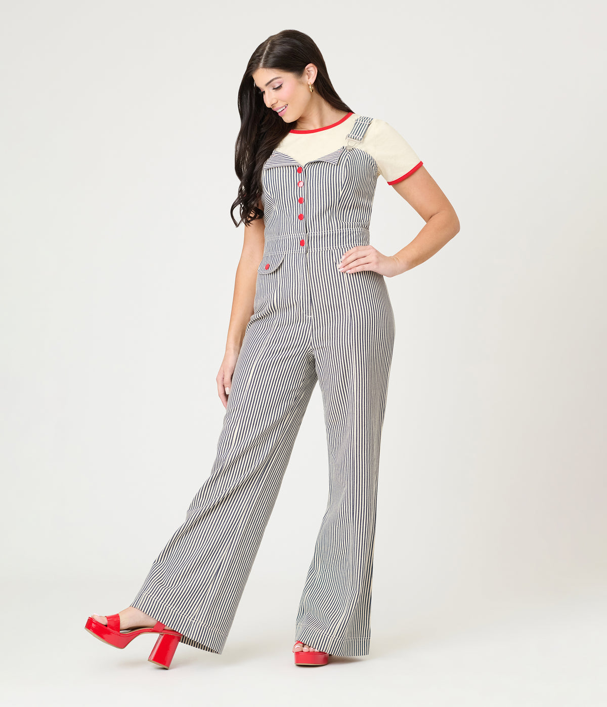 Smak Parlour Navy Railroad Stripes Wide Leg Dungarees – Unique Vintage