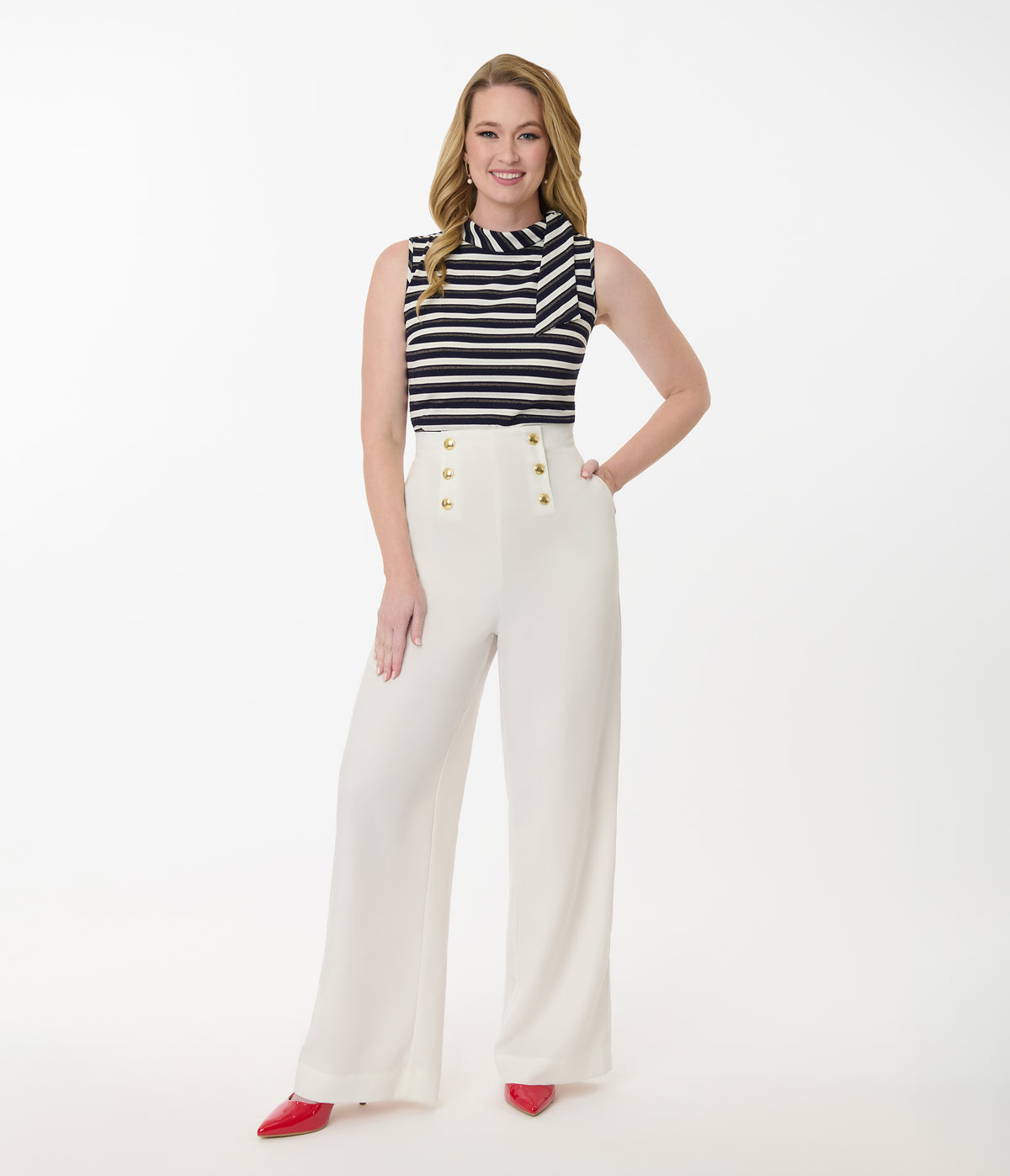 & Gold Button Wide Leg Sailor Pants