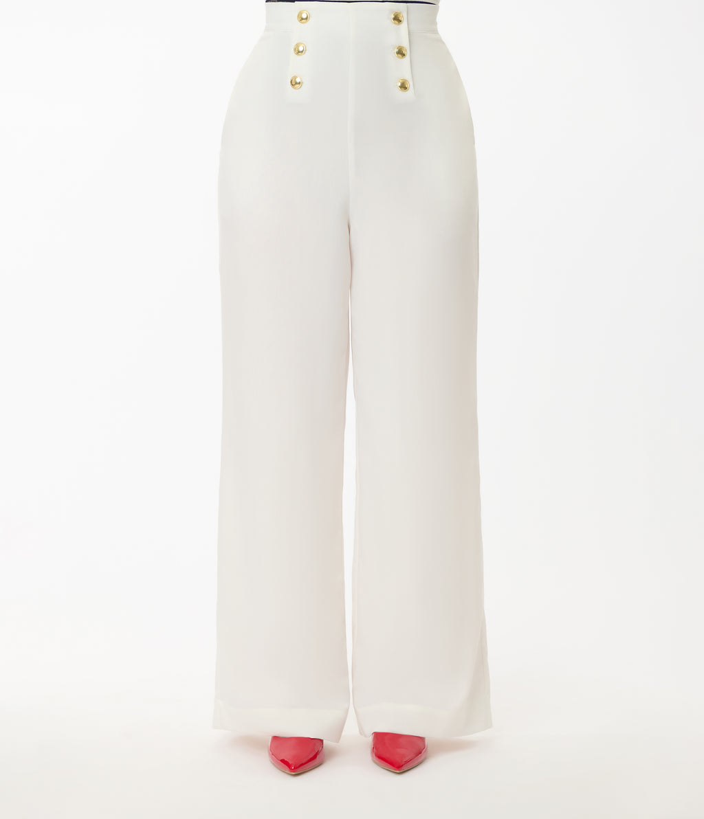 Smak Parlour White & Gold Button Wide Leg Sailor Pants