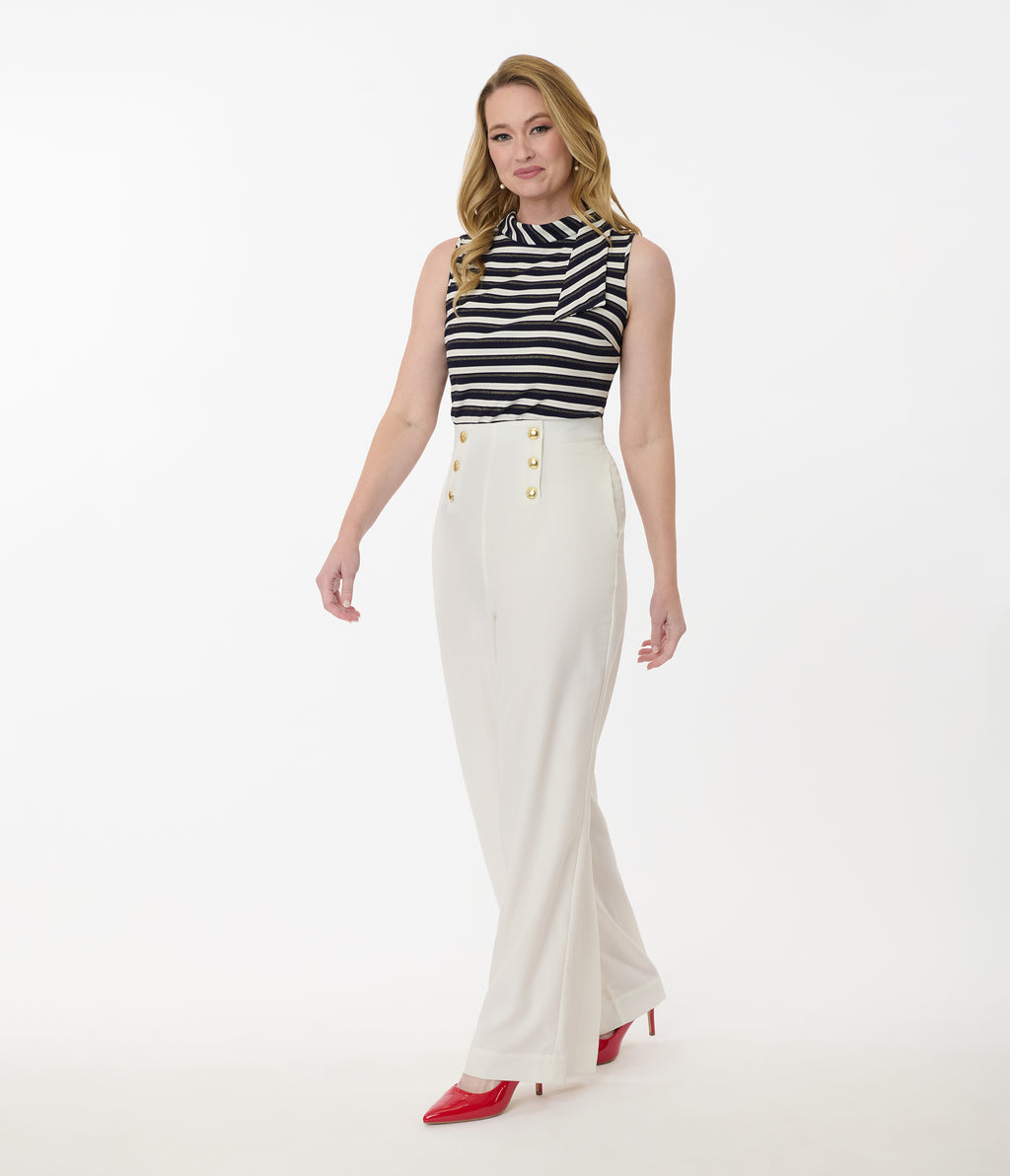 Smak Parlour White & Gold Button Wide Leg Sailor Pants