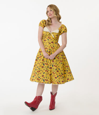 Disney Pixar Toy Story Collection by Unique Vintage Yellow Woody & Jessie All Over Print Swing Dress
