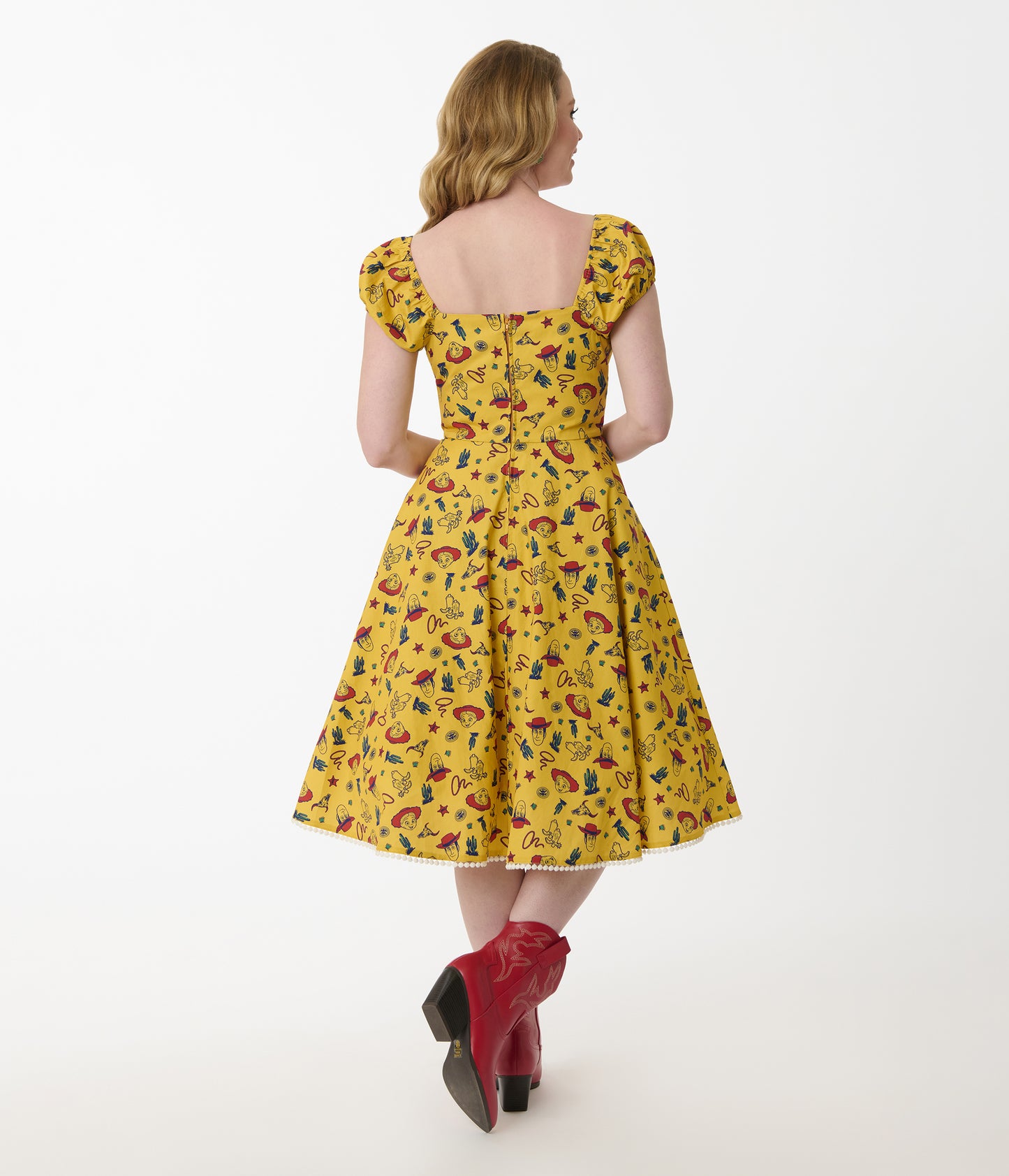 Disney Pixar Toy Story Collection by Unique Vintage Yellow Woody & Jessie All Over Print Swing Dress