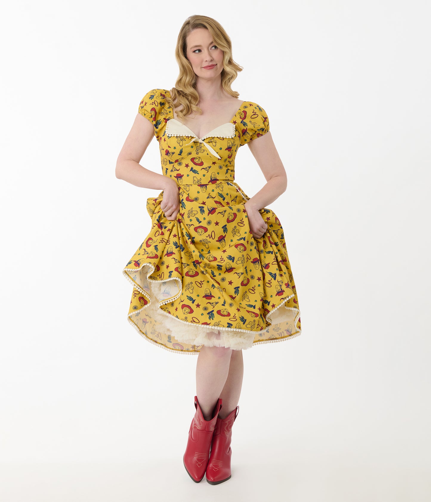 Disney Pixar Toy Story Collection by Unique Vintage Yellow Woody & Jessie All Over Print Swing Dress