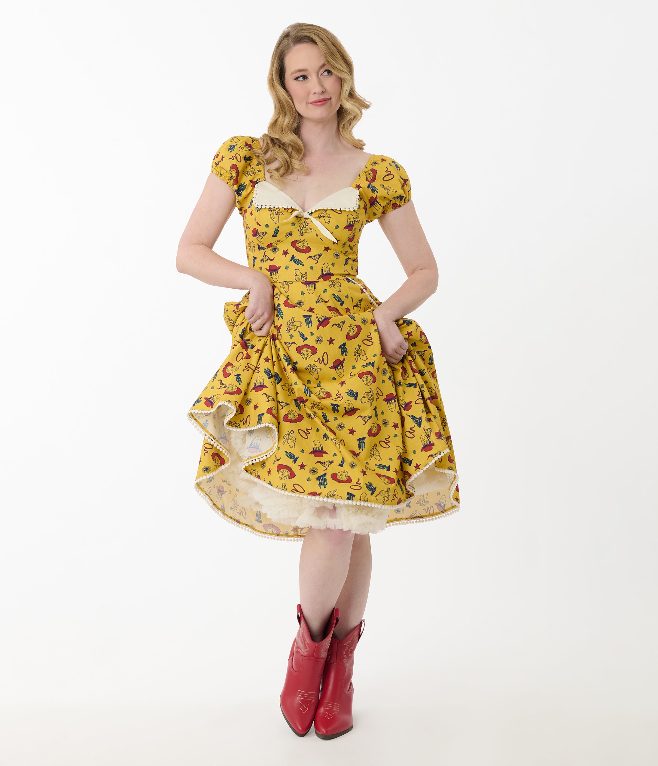 Disney Pixar Toy Story Collection by Unique Vintage Yellow Woody & Jessie All Over Print Swing Dress
