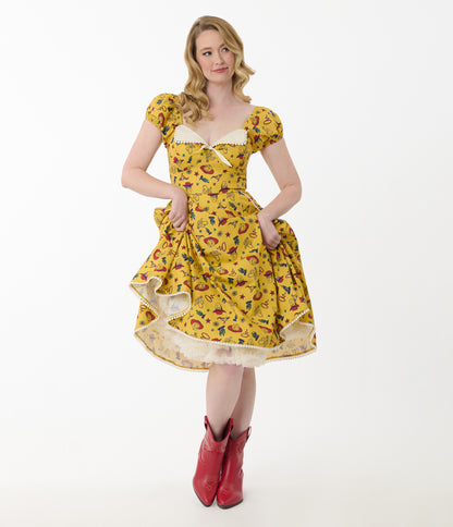 Disney Pixar Toy Story Collection by Unique Vintage Yellow Woody & Jessie All Over Print Swing Dress