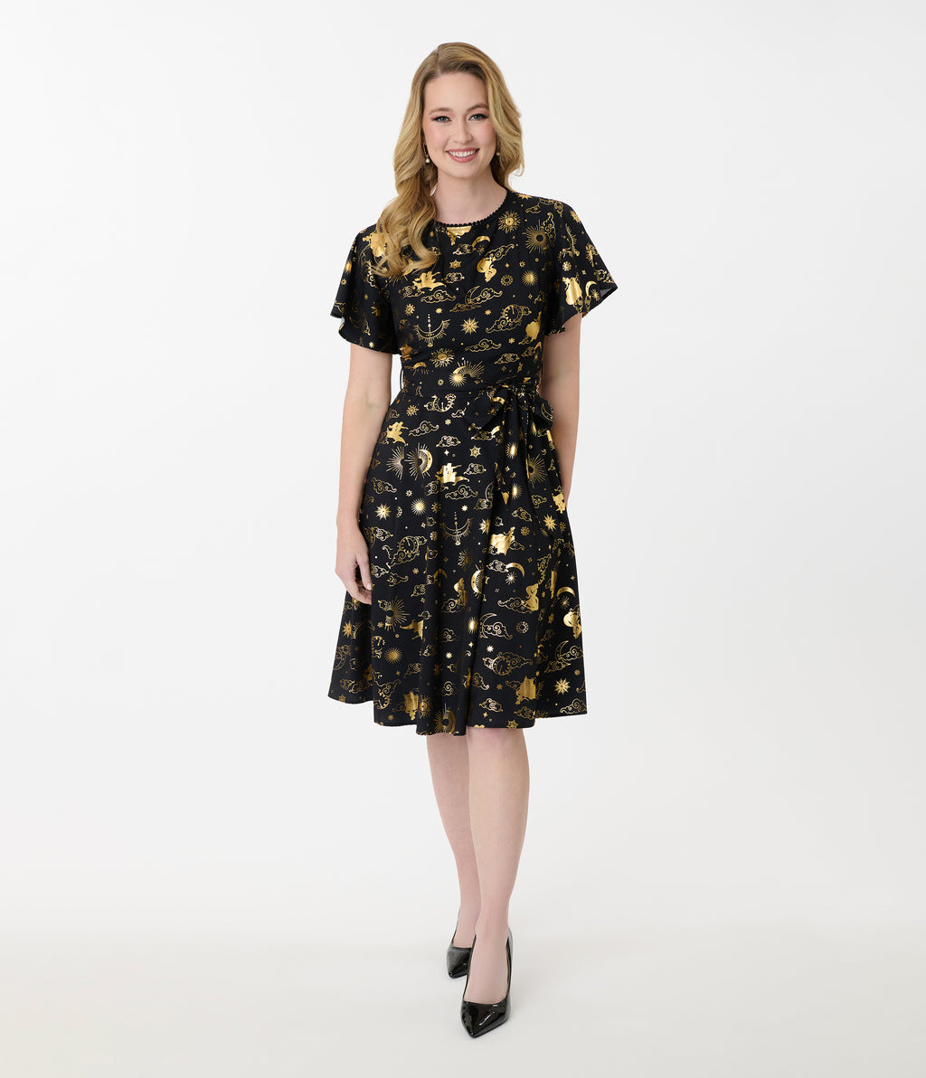 Disney Princess Collection by Unique Vintage Gold Princess Celestial Swing Dress