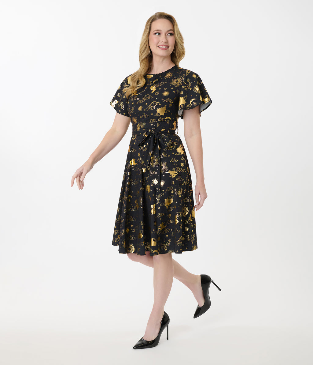 Disney Princess Collection by Unique Vintage Gold Princess Celestial Swing Dress