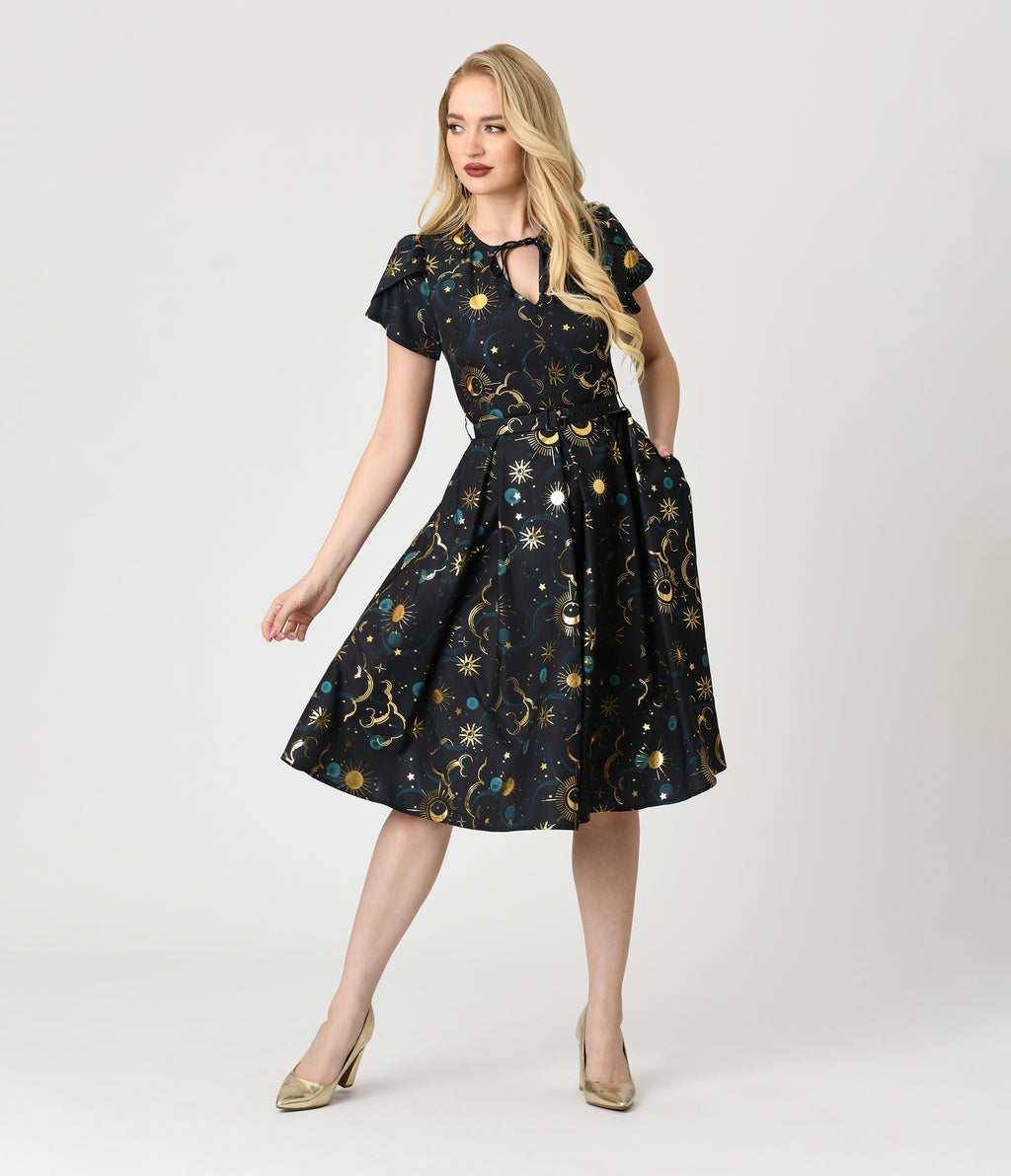 Unique Vintage Gold Foil Celestial Dahlia Swing Dress