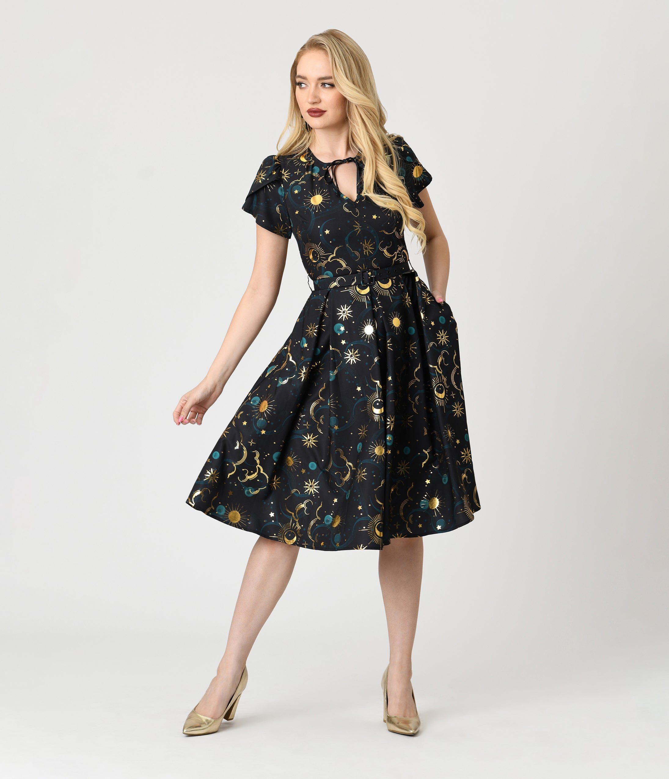 Unique Vintage Gold Foil Celestial Dahlia Swing Dress