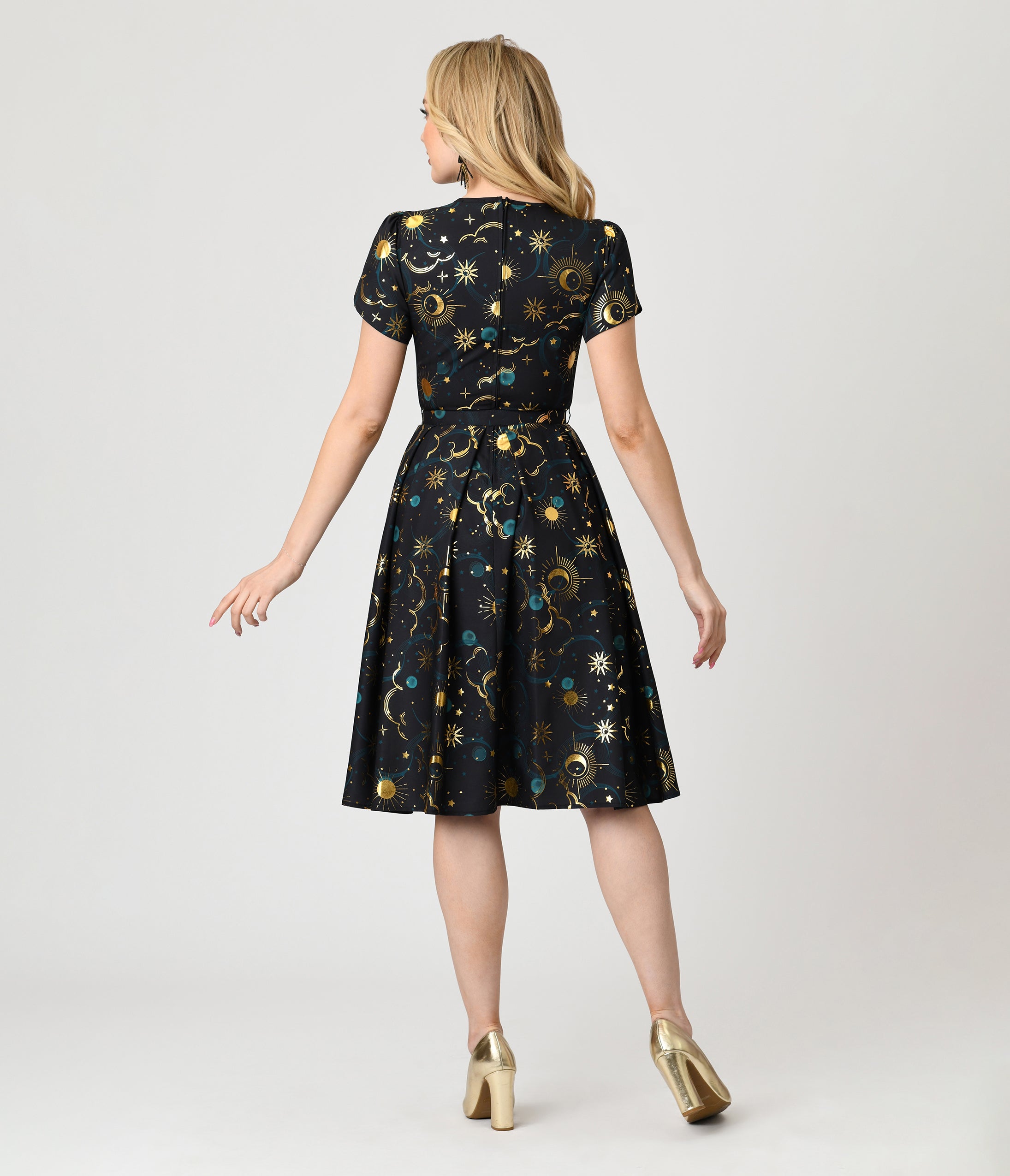 Unique Vintage Gold Foil Celestial Dahlia Swing Dress