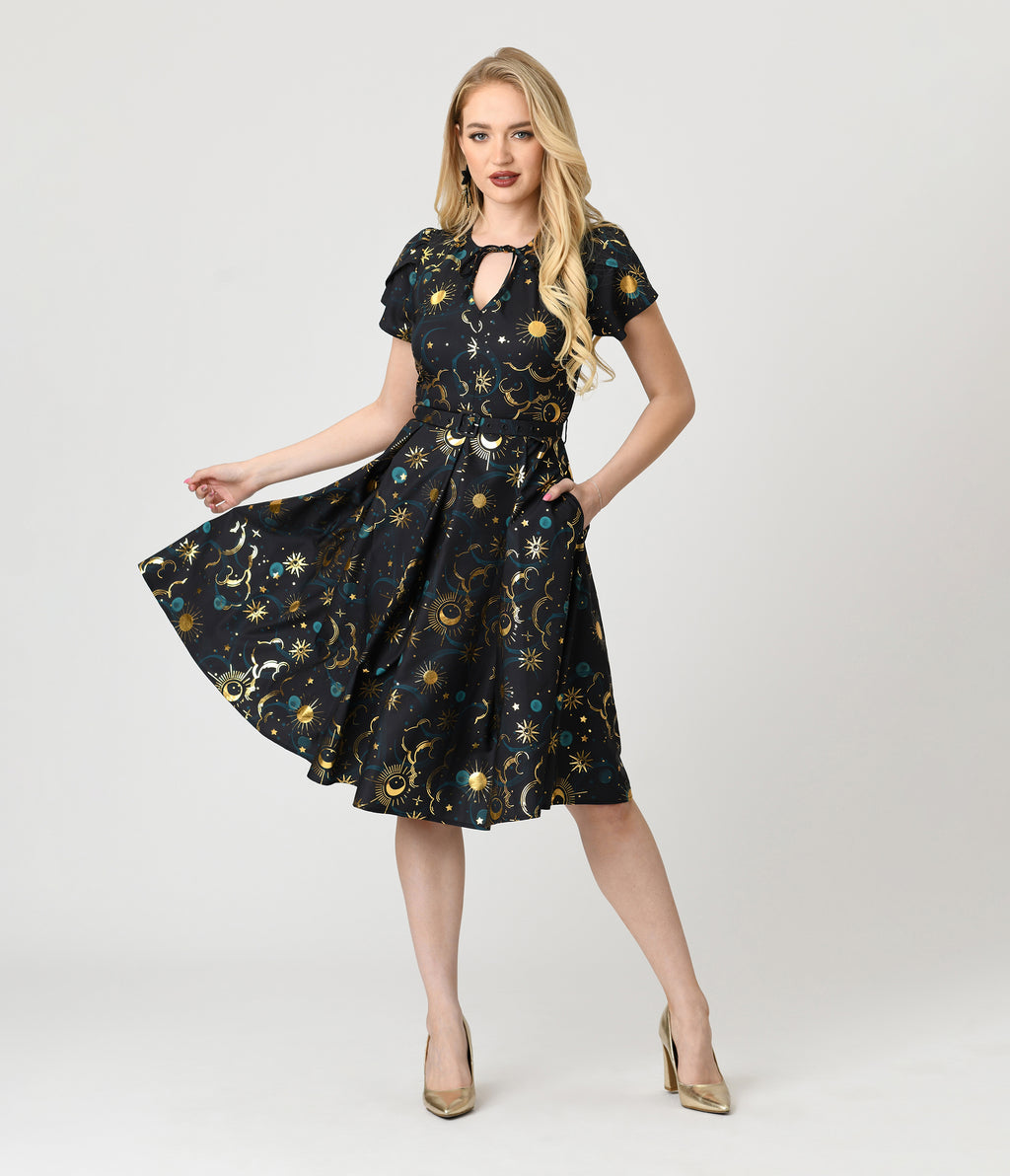Unique Vintage Gold Foil Celestial Dahlia Swing Dress