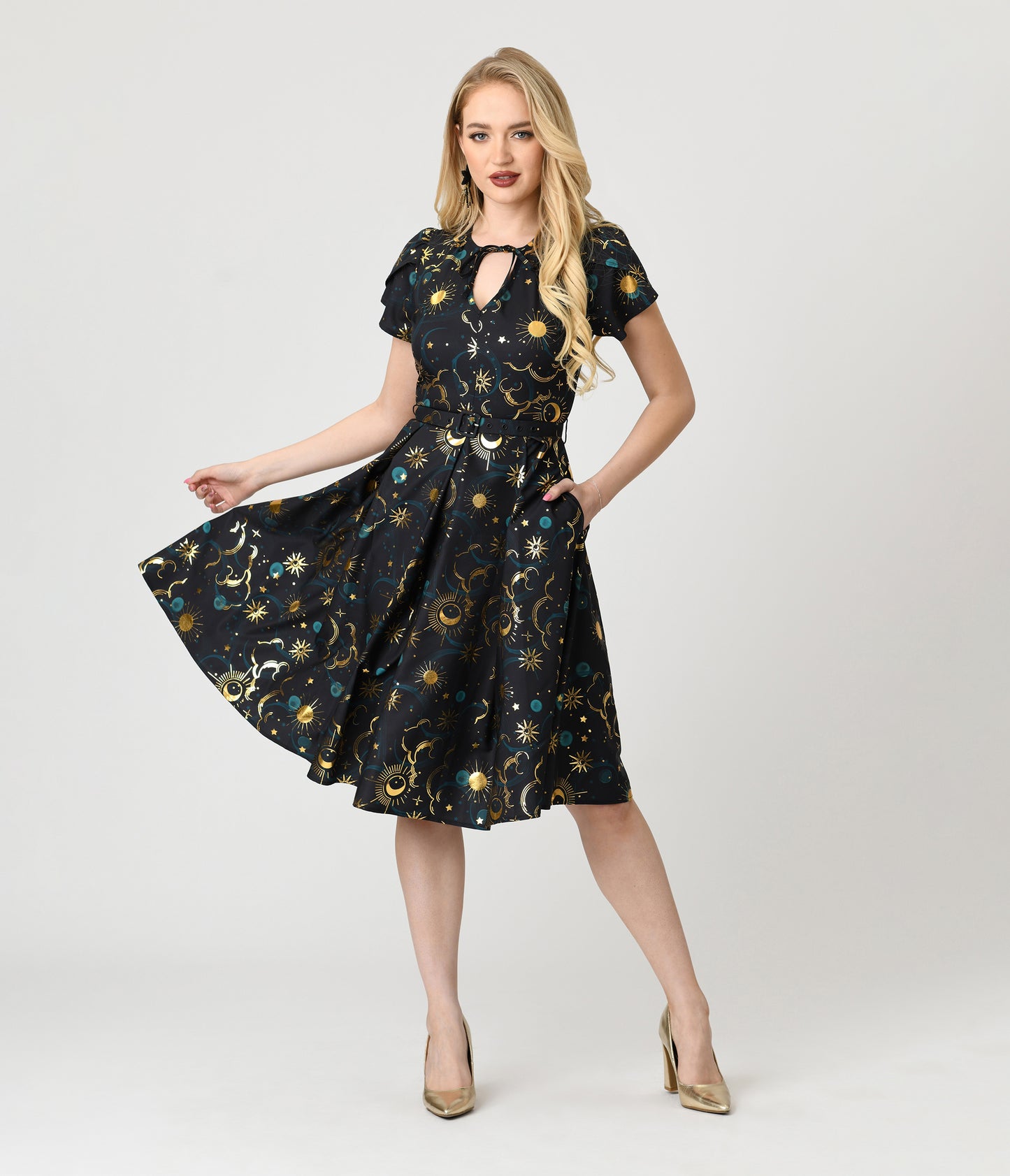 Unique Vintage Gold Foil Celestial Dahlia Swing Dress