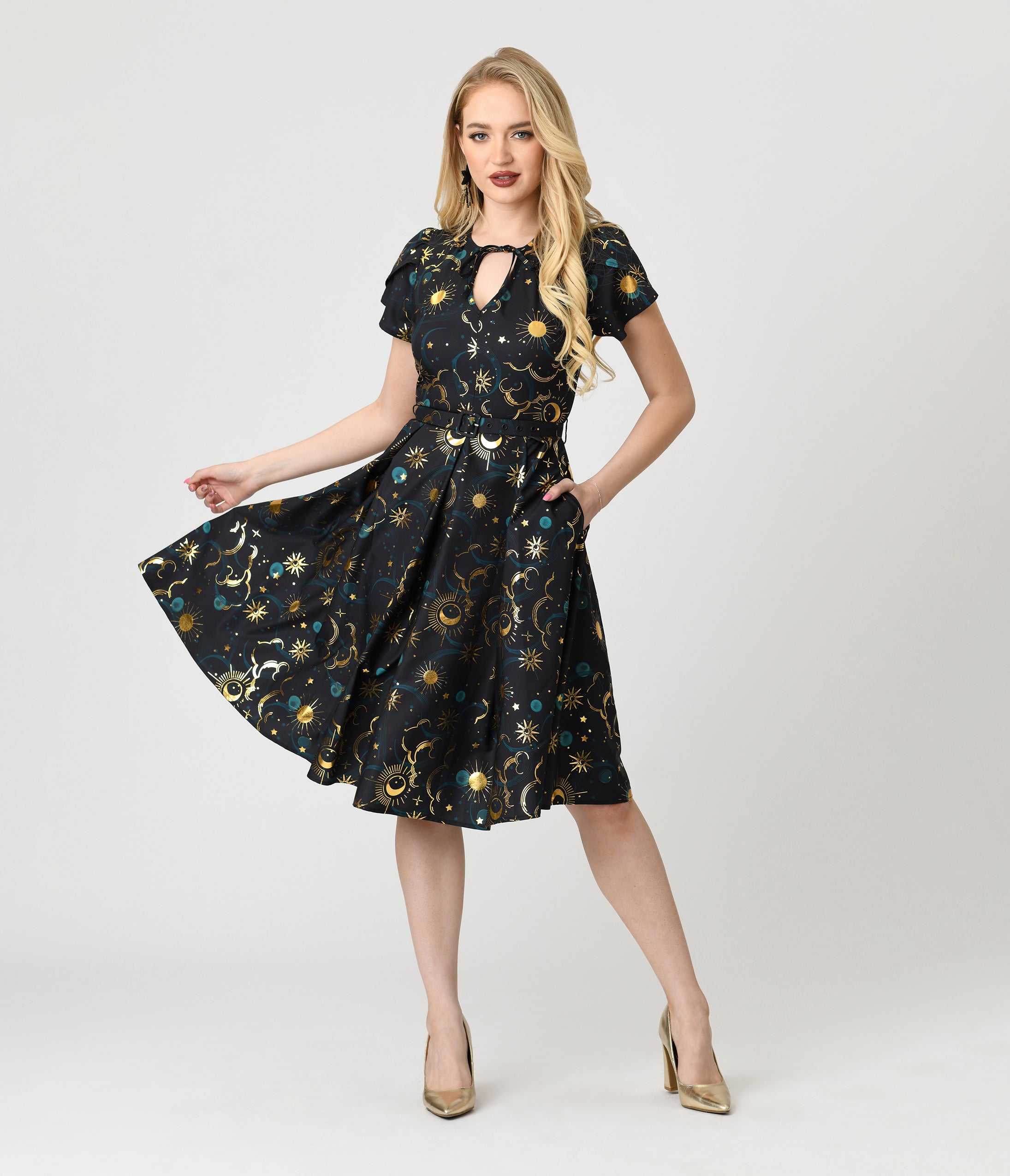 Unique Vintage Gold Foil Celestial Dahlia Swing Dress