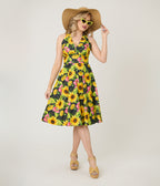 Unique Vintage Sunflower Cotton Halter Swing Dress