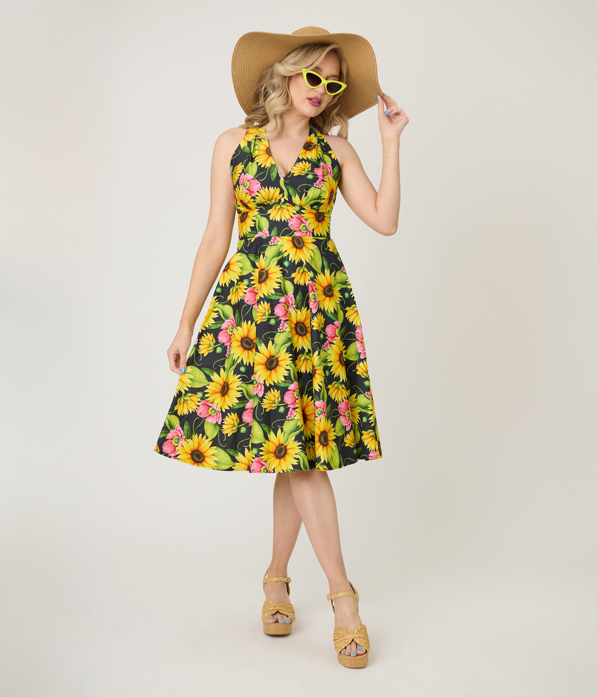 Unique Vintage Sunflower Cotton Halter Swing Dress