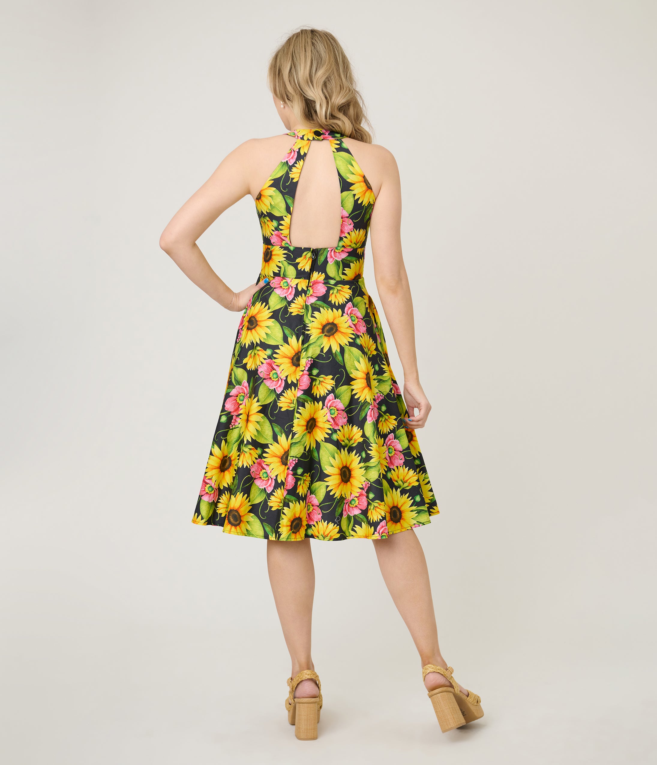Unique Vintage Sunflower Cotton Halter Swing Dress