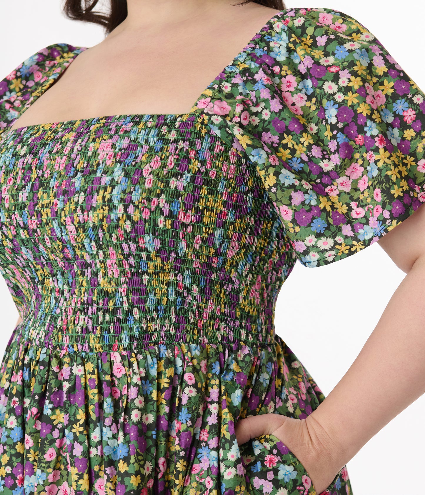 Unique Vintage Plus Size Purple Ditsy Floral Smocked Bodice Midi Dress