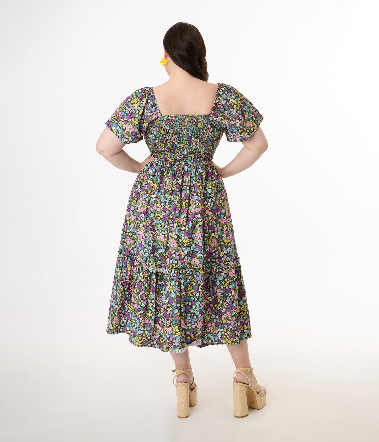 Unique Vintage Plus Size Purple Ditsy Floral Smocked Bodice Midi Dress