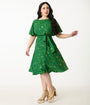 Unique Vintage Plus Size Green & Gold Star Swing Dress
