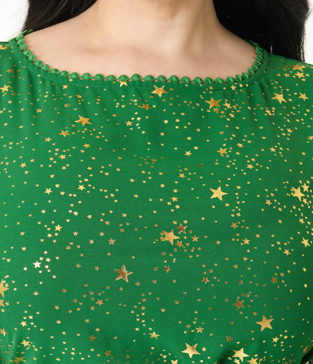 Unique Vintage Plus Size Green & Gold Star Swing Dress