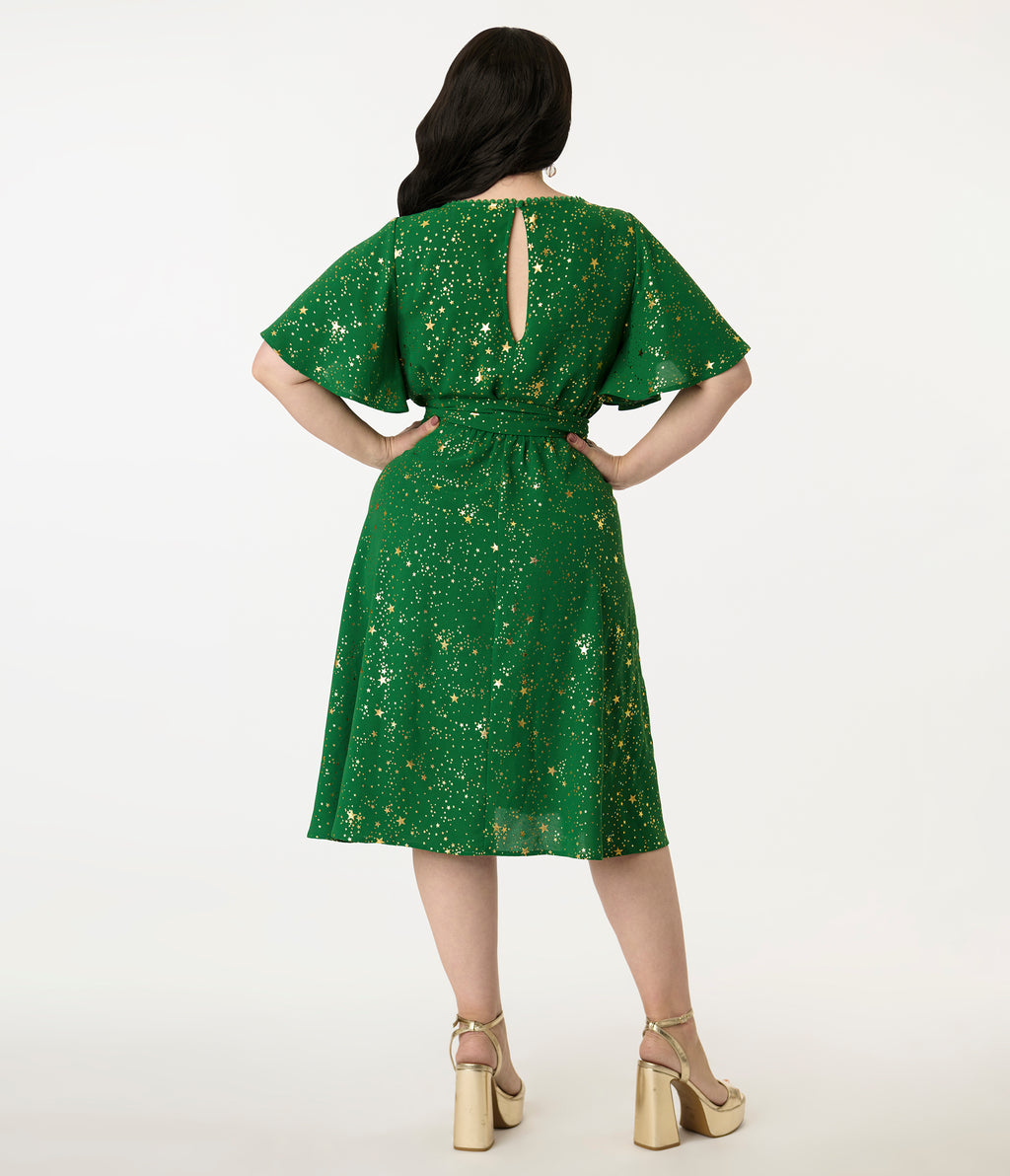 Unique Vintage Plus Size Green & Gold Star Swing Dress