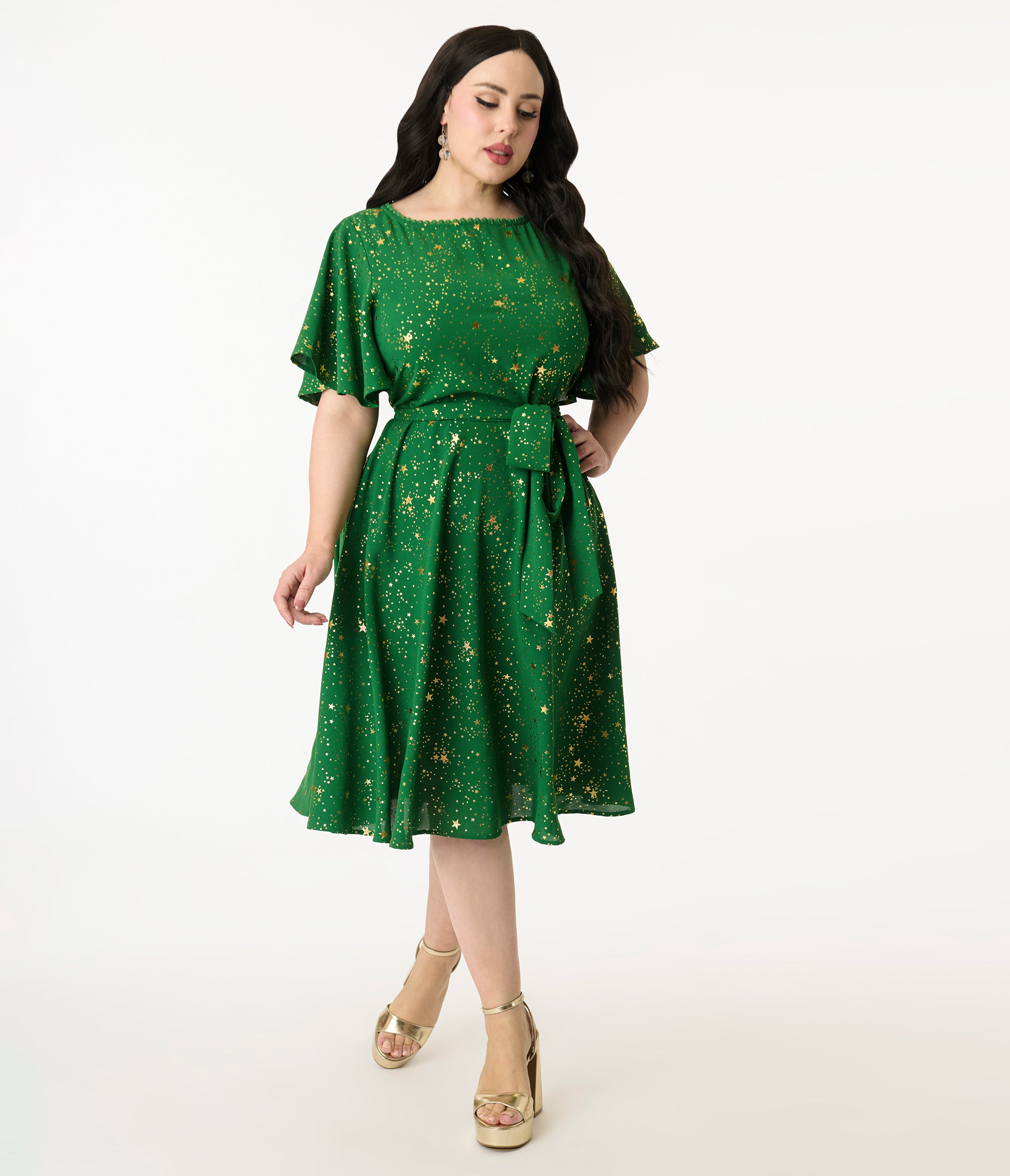Unique Vintage Plus Size Green & Gold Star Swing Dress