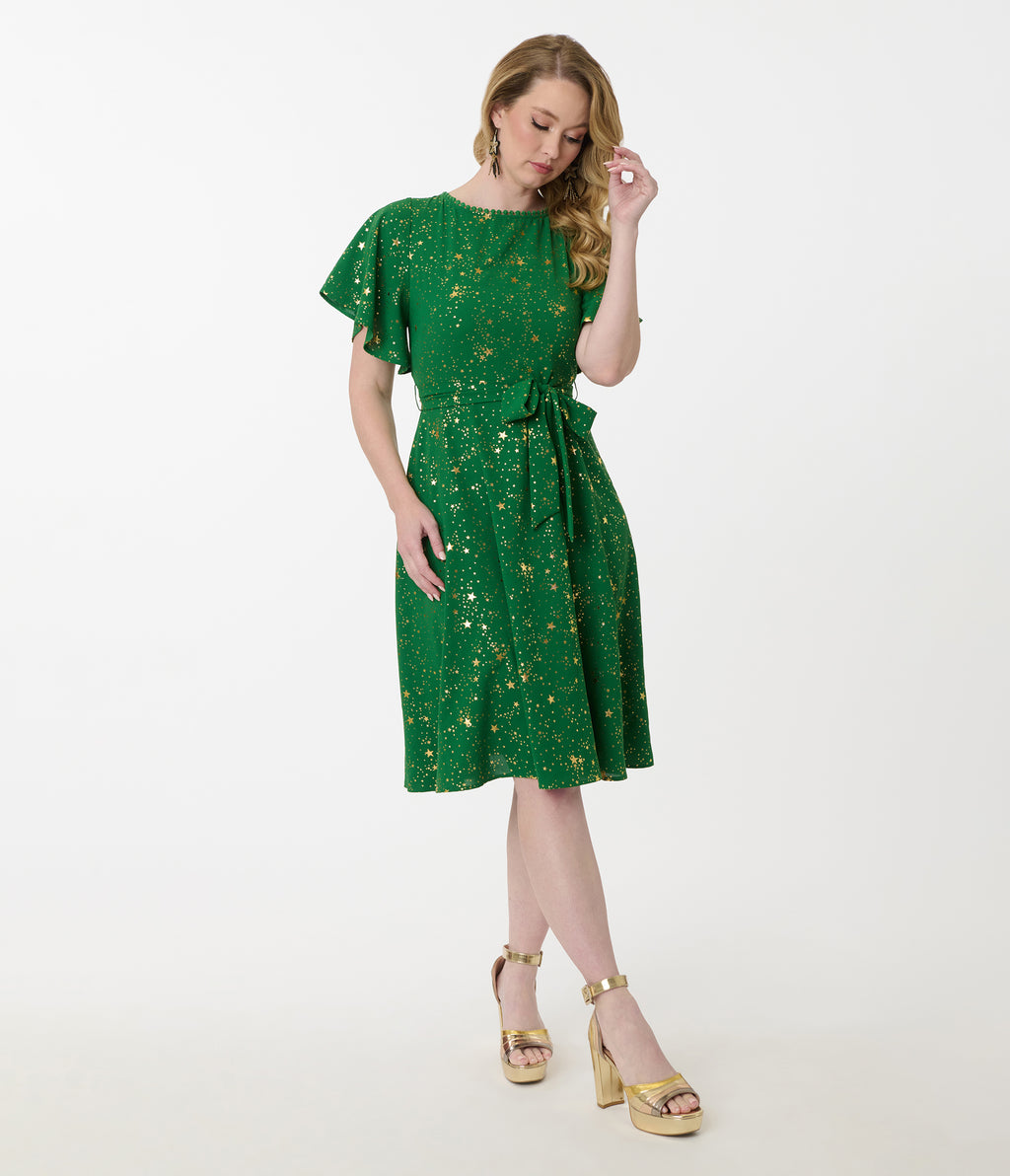 Unique Vintage Green & Gold Star Swing Dress