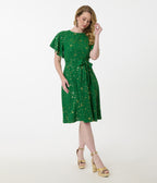 Unique Vintage Green & Gold Star Swing Dress