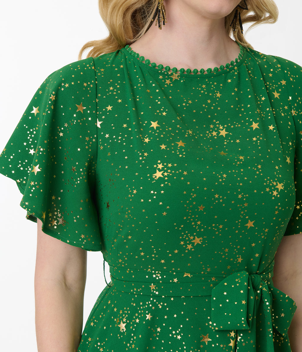 Unique Vintage Green & Gold Star Swing Dress
