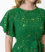 Unique Vintage Green & Gold Star Swing Dress