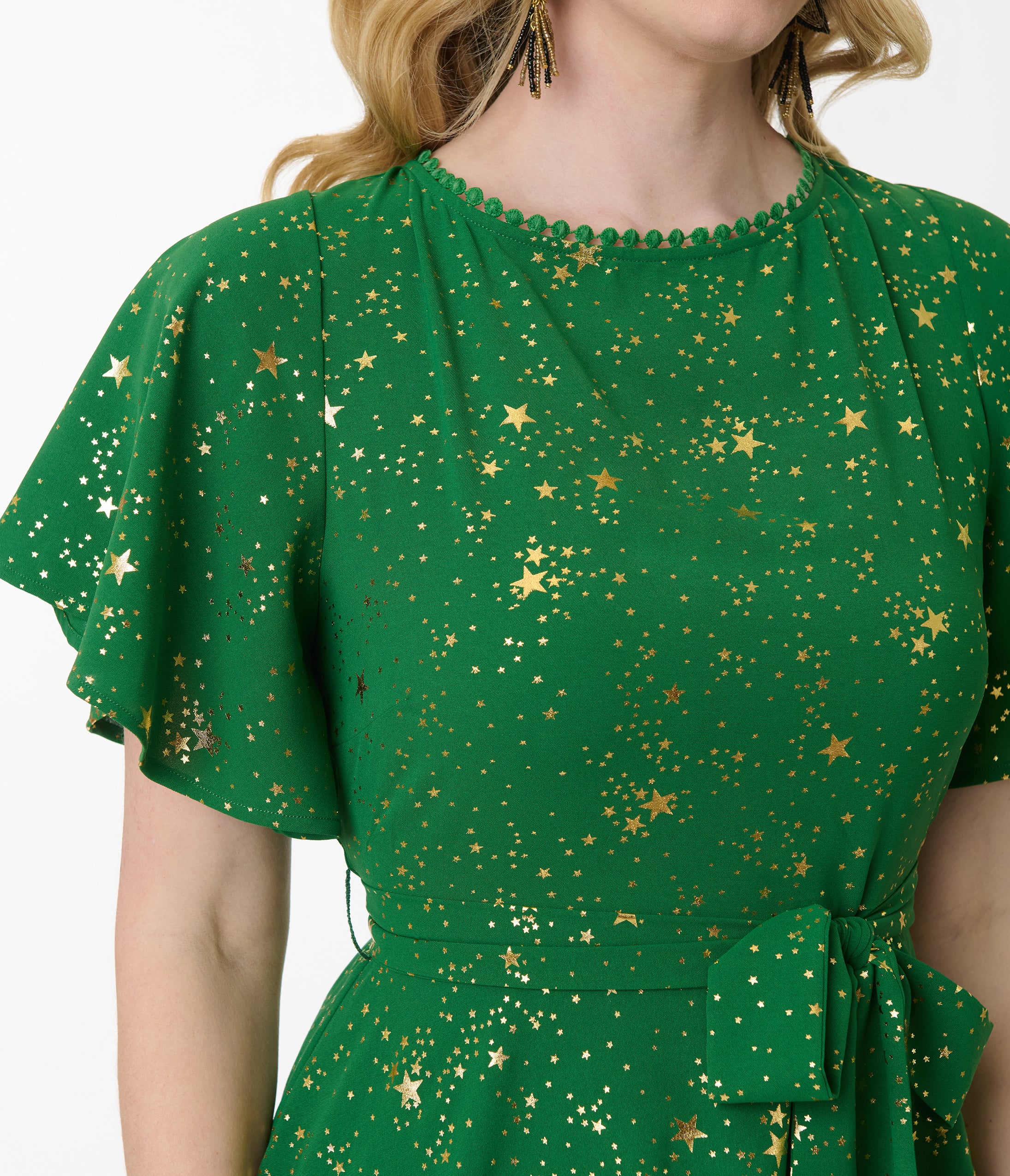 Unique Vintage Green & Gold Star Swing Dress