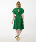 Unique Vintage Green & Gold Star Swing Dress