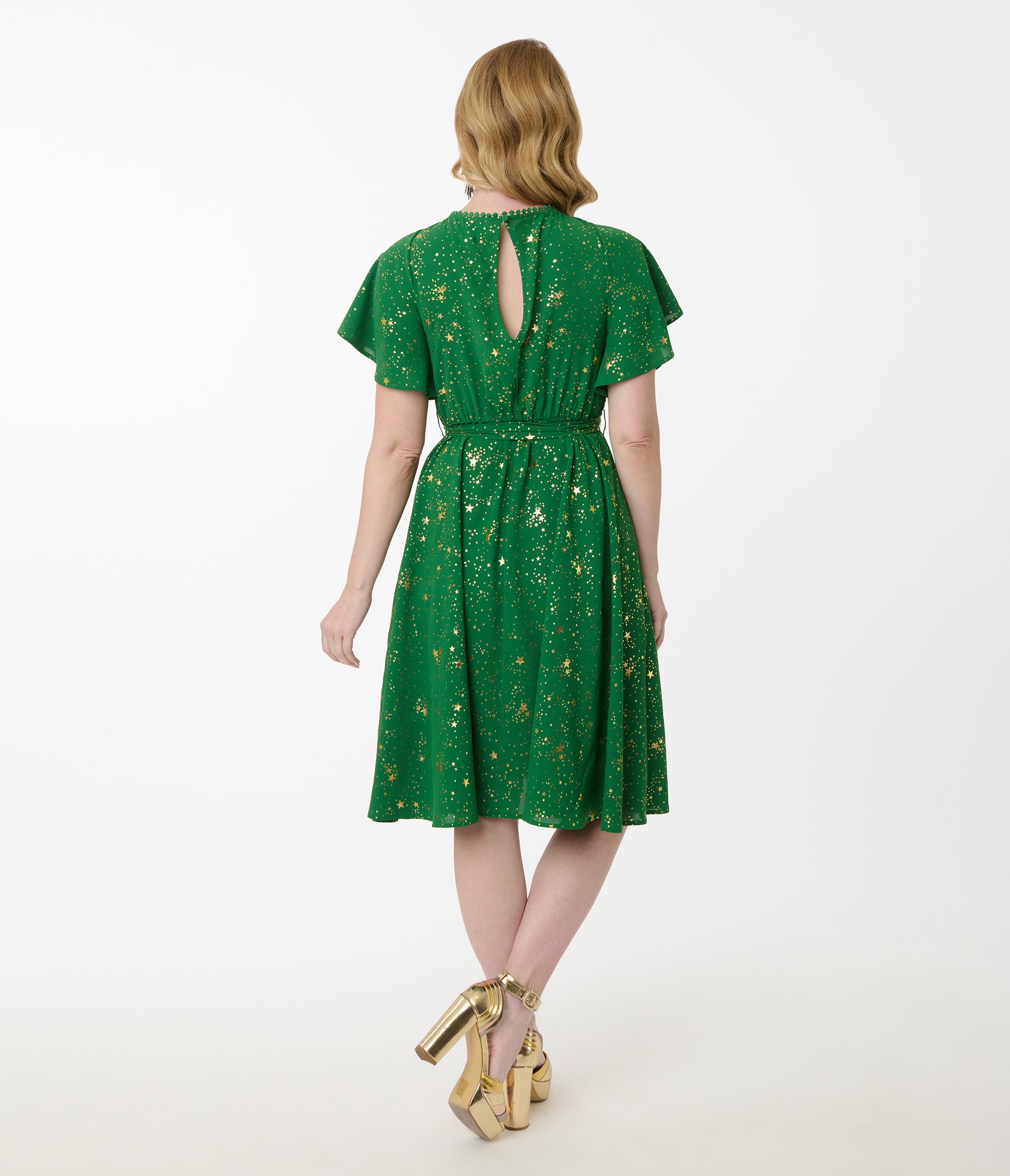 Unique Vintage Green & Gold Star Swing Dress