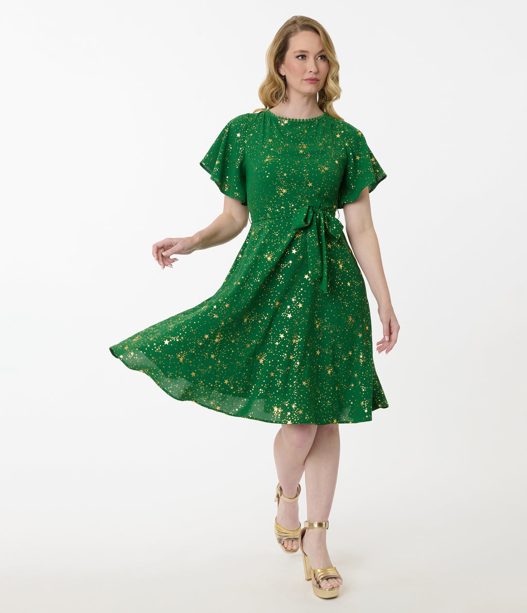 Unique Vintage Green & Gold Star Swing Dress