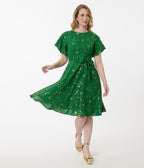Unique Vintage Green & Gold Star Swing Dress