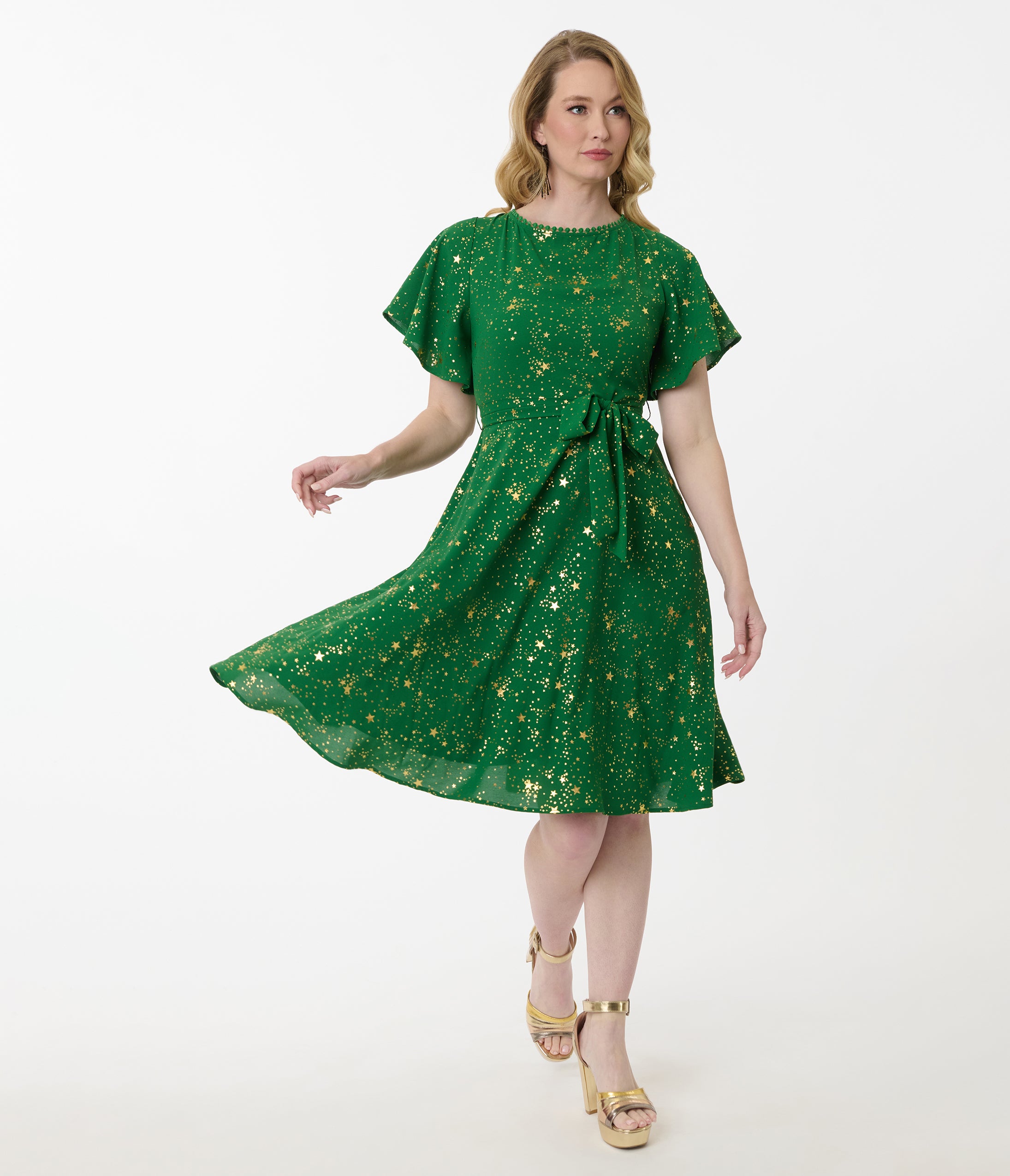 Unique Vintage Green & Gold Star Swing Dress
