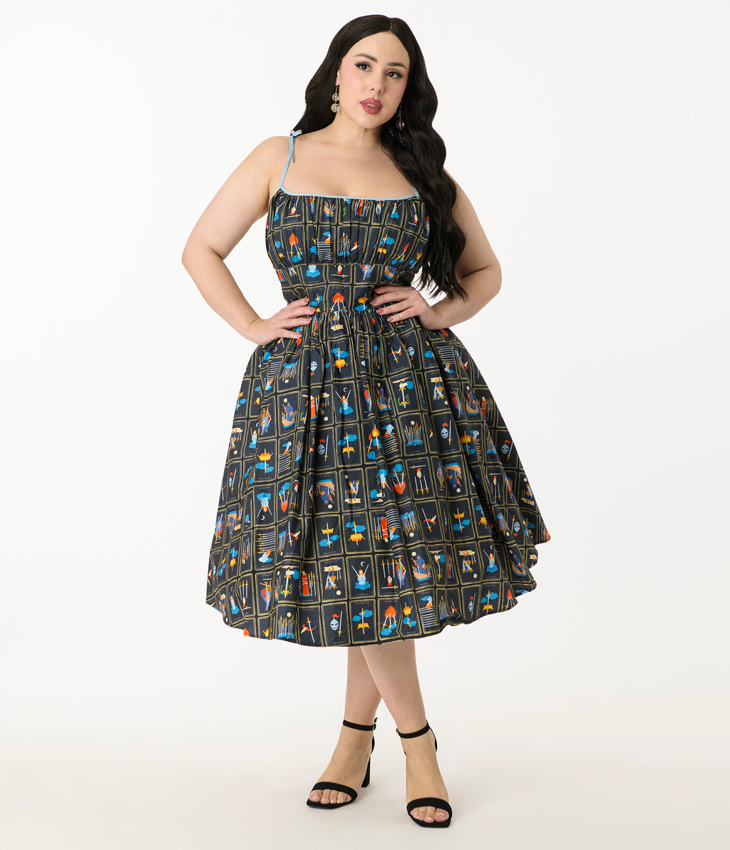 Unique Vintage Plus Size Tarot Cards Sleeveless Cotton Swing Dress