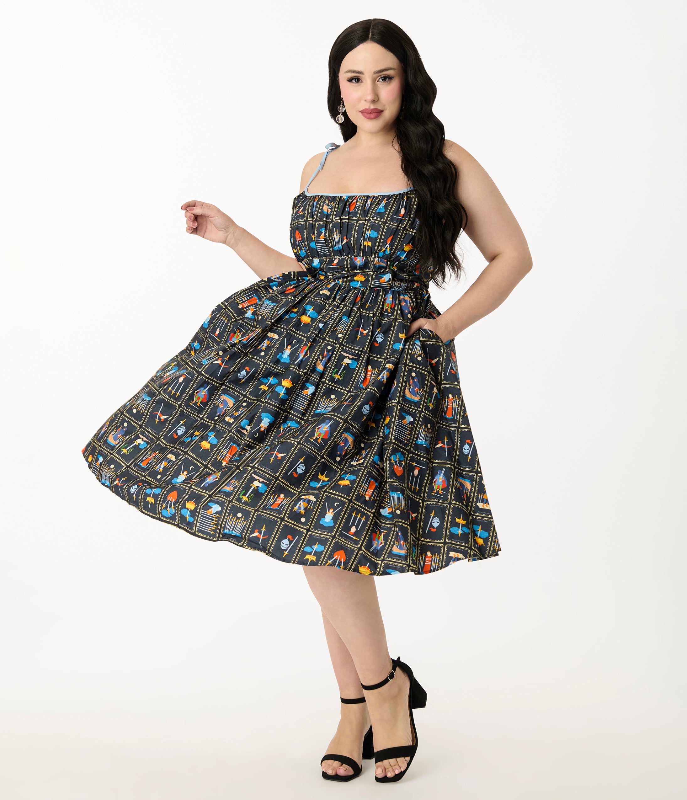 Unique Vintage Plus Size Tarot Cards Sleeveless Cotton Swing Dress