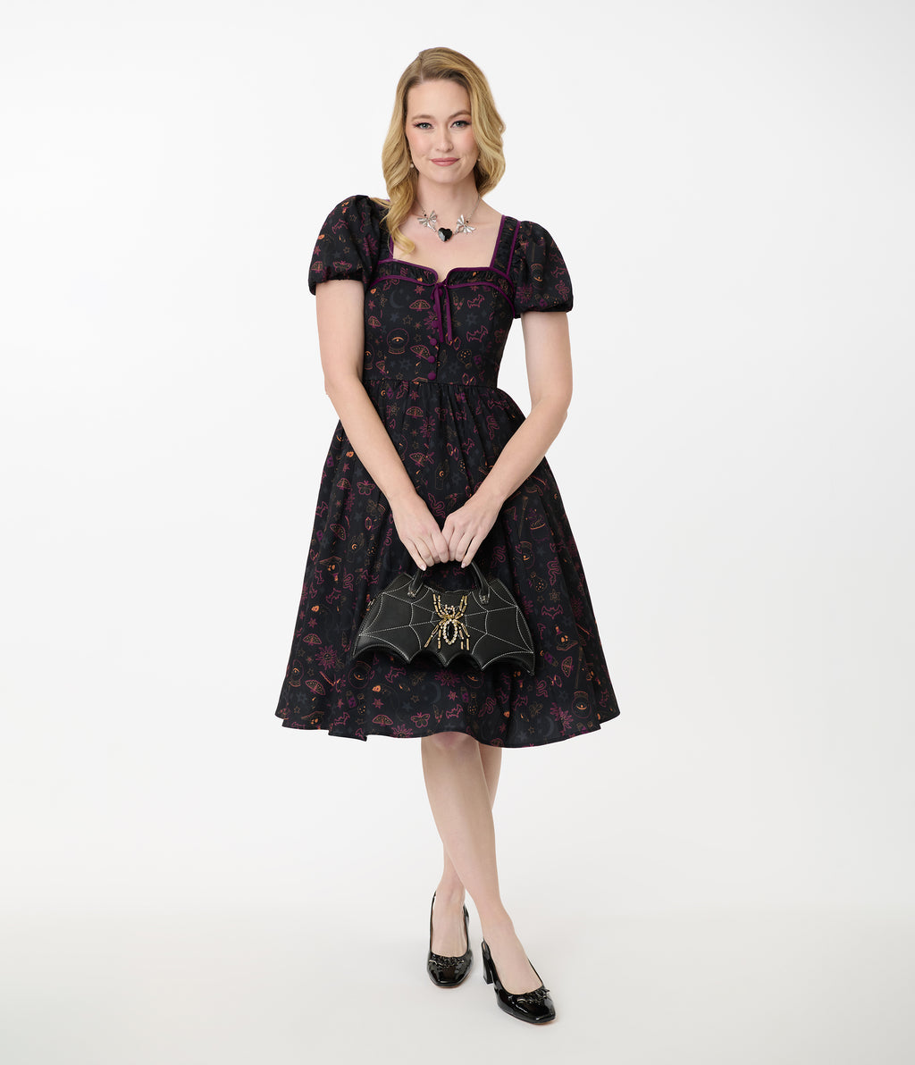 Unique Vintage Mystical Icons Button Front Swing Dress