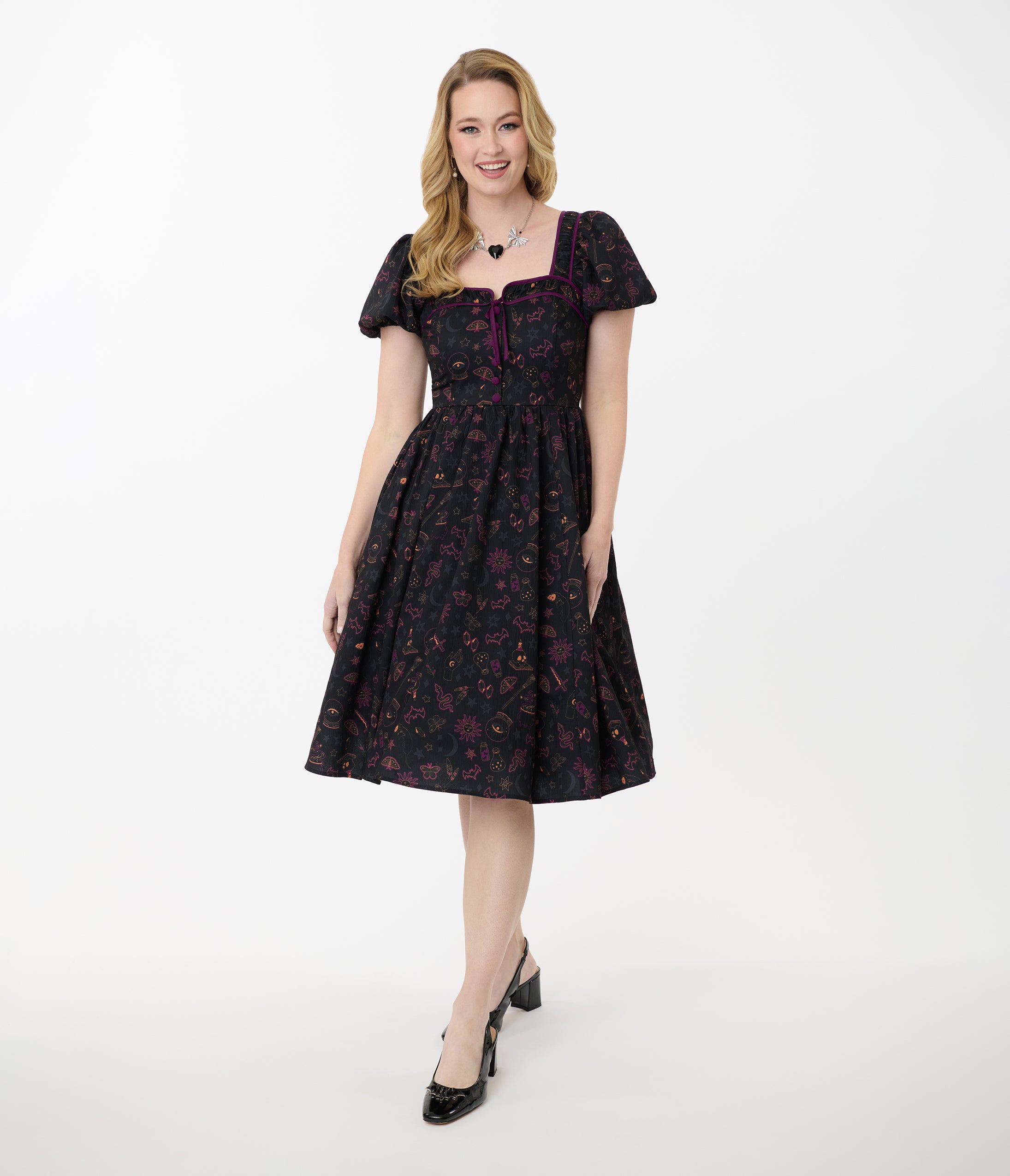 Unique Vintage Mystical Icons Button Front Swing Dress