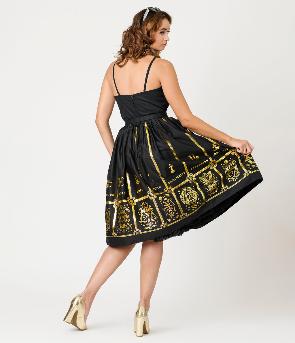 Unique Vintage Black & Gold Astrological Chart Sweetheart Halter Swing Dress