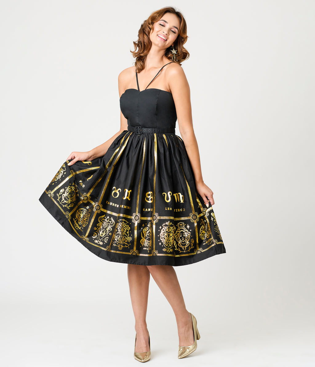 Unique Vintage Gold Foil Celestial Dahlia Swing Dress