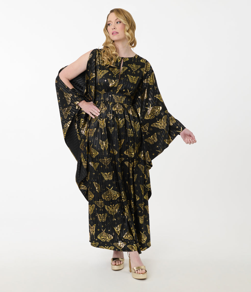 Unique Vintage Black & Gold Moth Flutter Sleeve Caftan