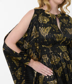 Unique Vintage Black & Gold Moth Flutter Sleeve Caftan