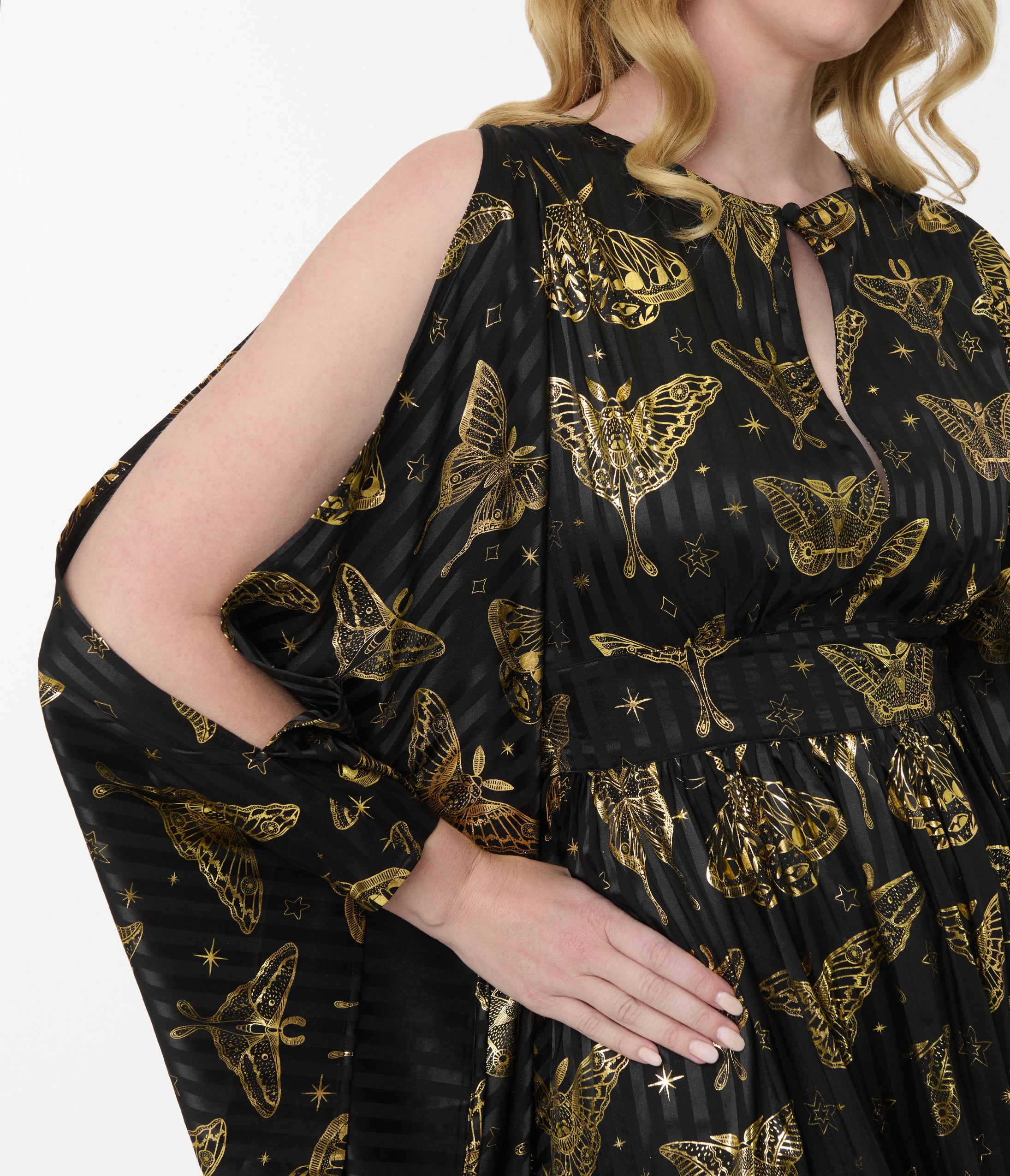 Unique Vintage Black & Gold Moth Flutter Sleeve Caftan