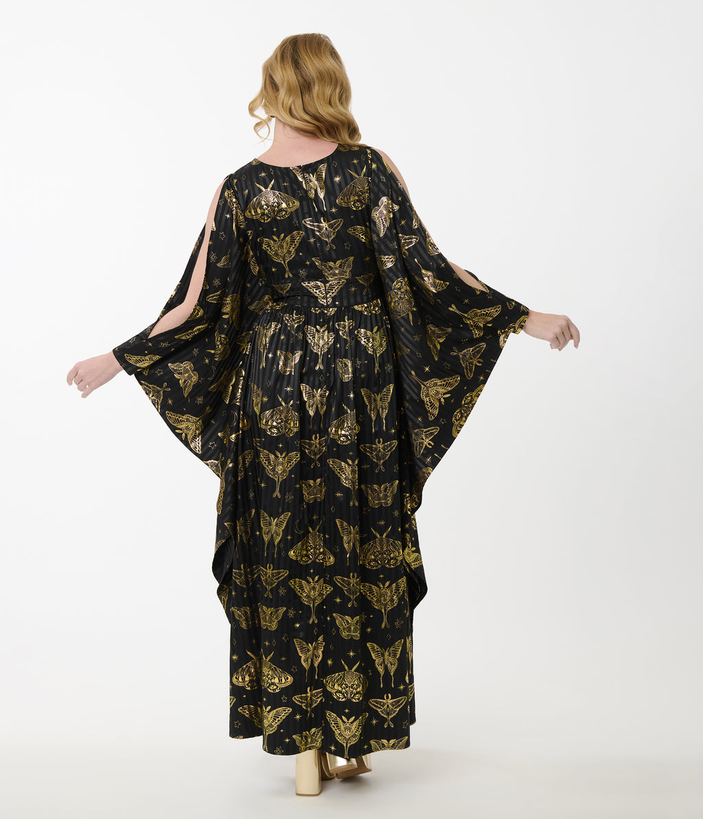 Unique Vintage Black & Gold Moth Flutter Sleeve Caftan