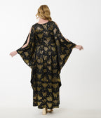 Unique Vintage Black & Gold Moth Flutter Sleeve Caftan