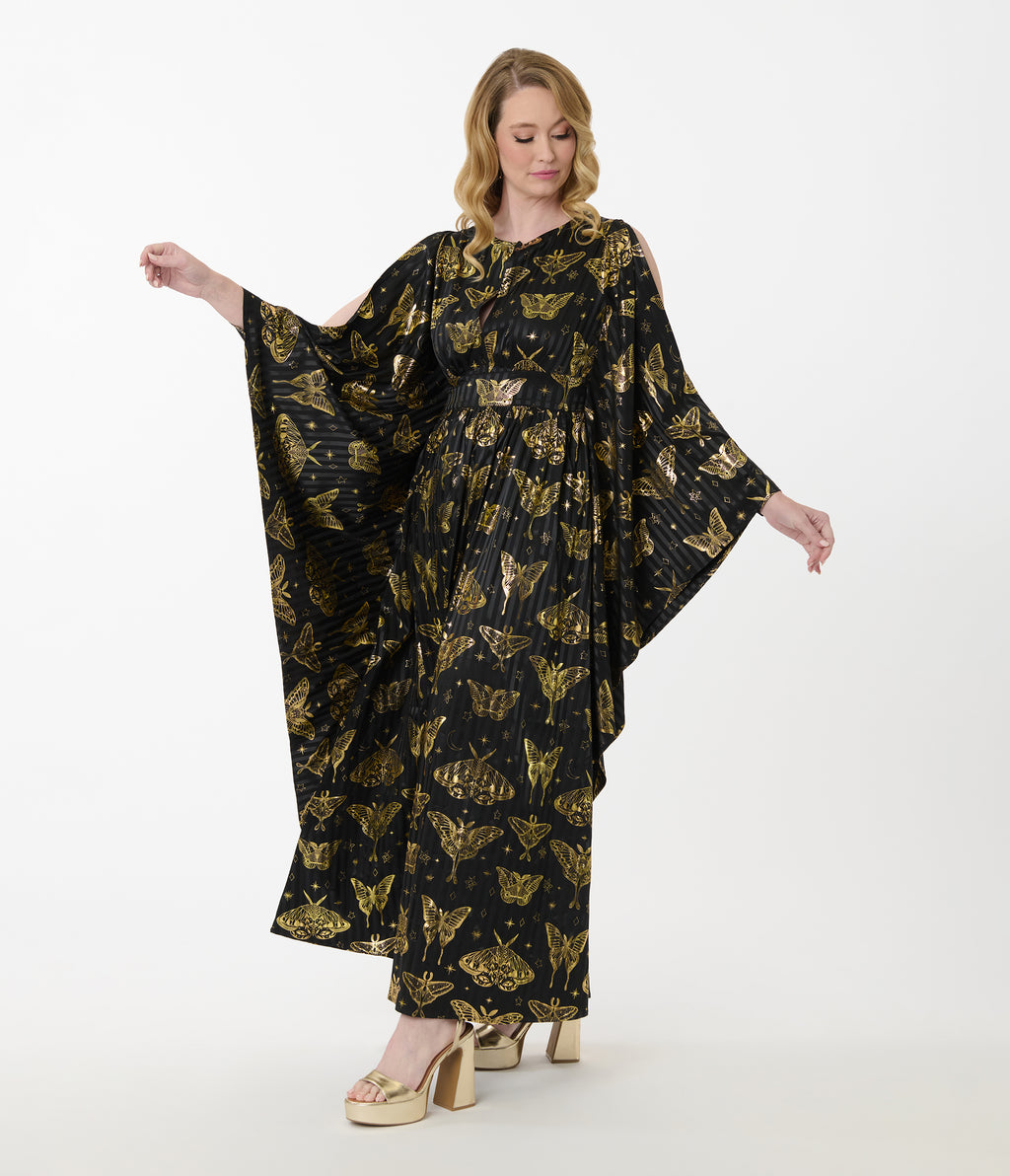 Unique Vintage Black & Gold Moth Flutter Sleeve Caftan