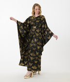 Unique Vintage Black & Gold Moth Flutter Sleeve Caftan